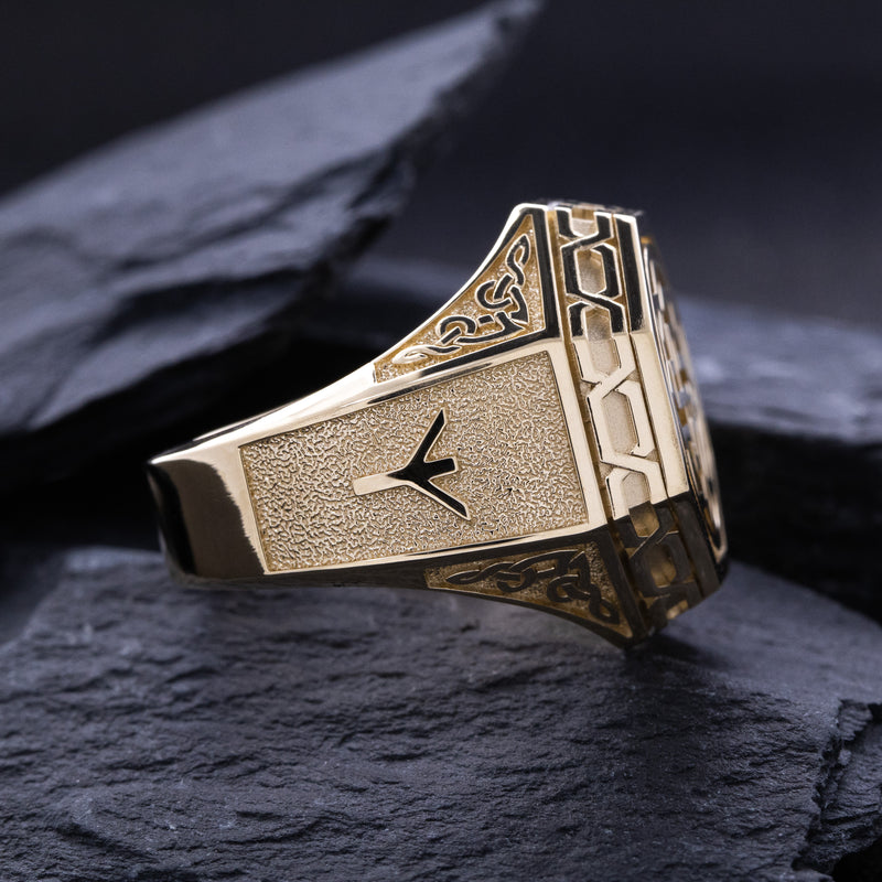 Solid 14k Yellow Gold Signet Ring with Slavic Sun Cross