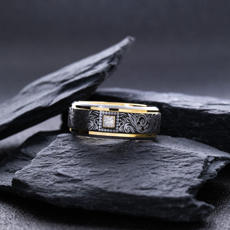 8mm Tungsten Carbide Ring with Yellow Gold Plated Interior, Square Diamond and Victorian Style Floral Engravings