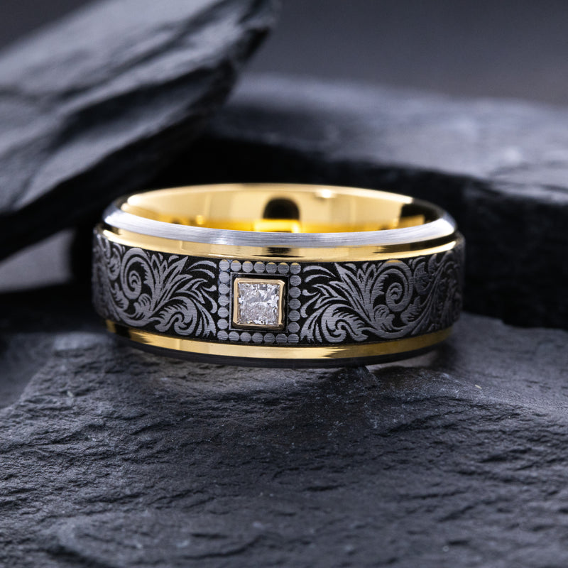 8mm Tungsten Carbide Ring with Yellow Gold Plated Interior, Square Diamond and Victorian Style Floral Engravings