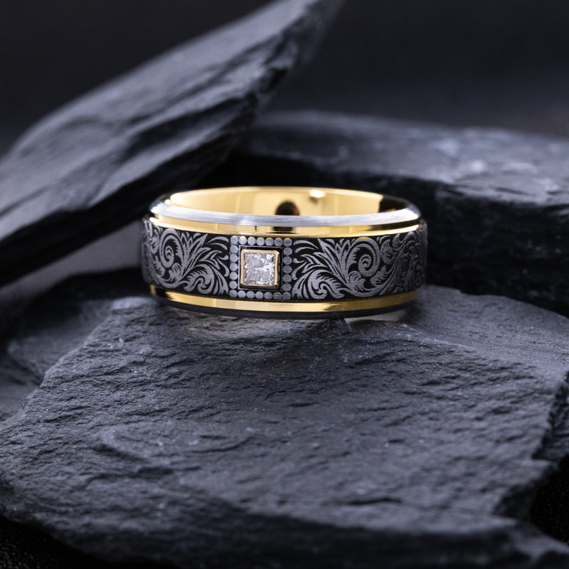 8mm Tungsten Carbide Ring with Yellow Gold Plated Interior, Square Diamond and Victorian Style Floral Engravings