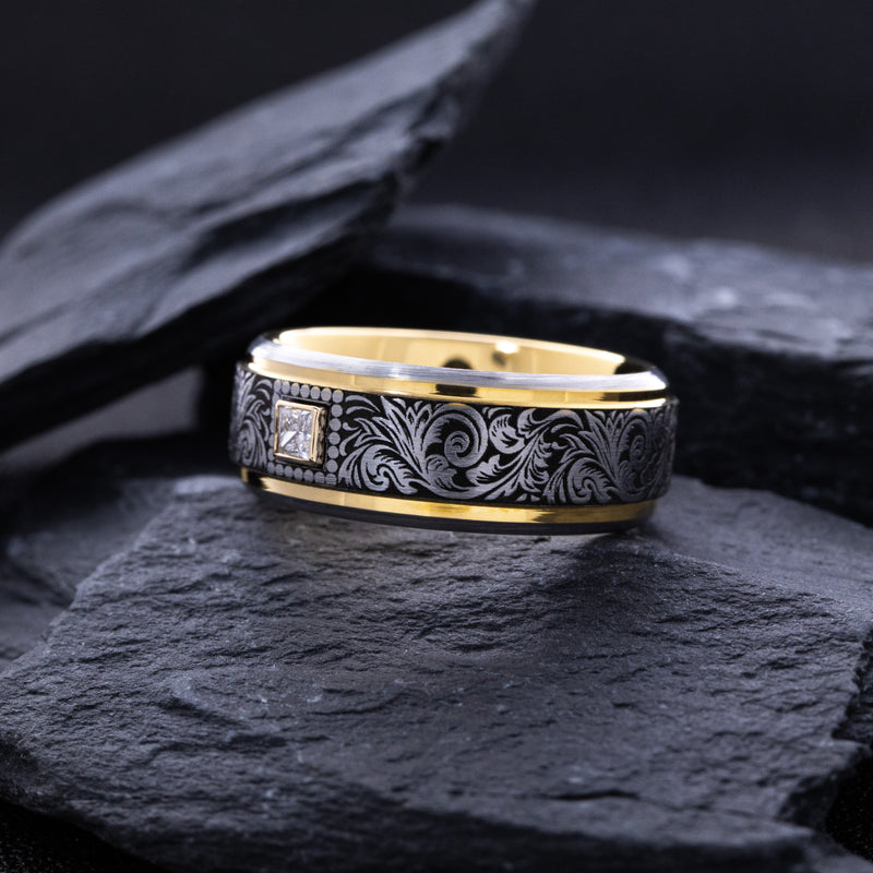 8mm Tungsten Carbide Ring with Yellow Gold Plated Interior, Square Diamond and Victorian Style Floral Engravings