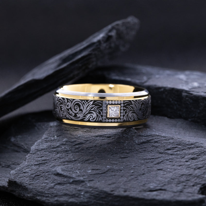 8mm Tungsten Carbide Ring with Yellow Gold Plated Interior, Square Diamond and Victorian Style Floral Engravings