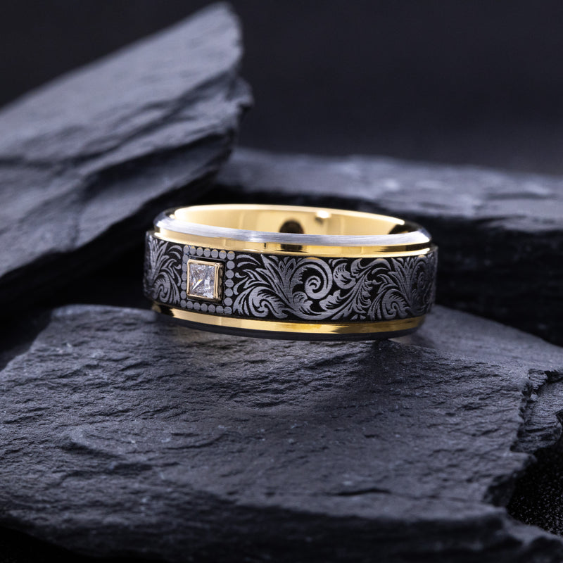 8mm Tungsten Carbide Ring with Yellow Gold Plated Interior, Square Diamond and Victorian Style Floral Engravings