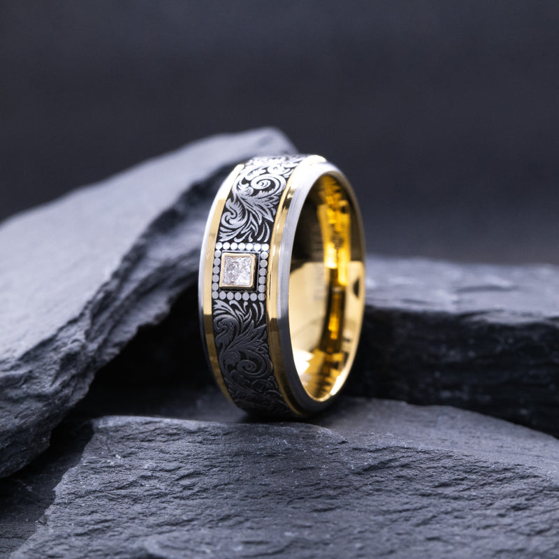 8mm Tungsten Carbide Ring with Yellow Gold Plated Interior, Square Diamond and Victorian Style Floral Engravings