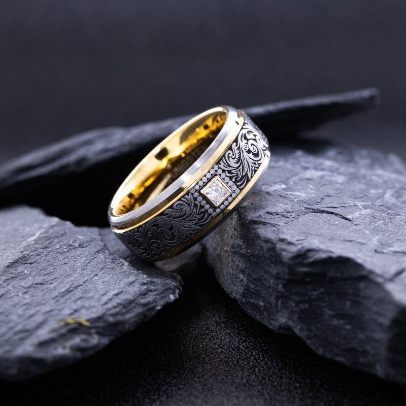 8mm Tungsten Carbide Ring with Yellow Gold Plated Interior, Square Diamond and Victorian Style Floral Engravings