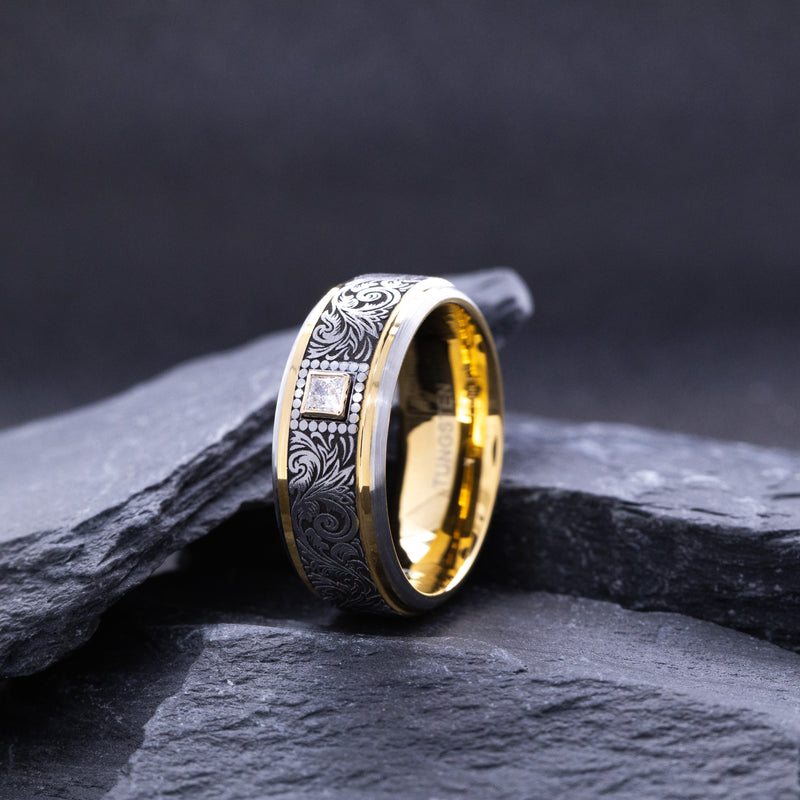 8mm Tungsten Carbide Ring with Yellow Gold Plated Interior, Square Diamond and Victorian Style Floral Engravings