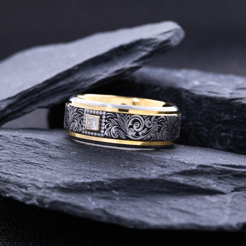 8mm Tungsten Carbide Ring with Yellow Gold Plated Interior, Square Diamond and Victorian Style Floral Engravings