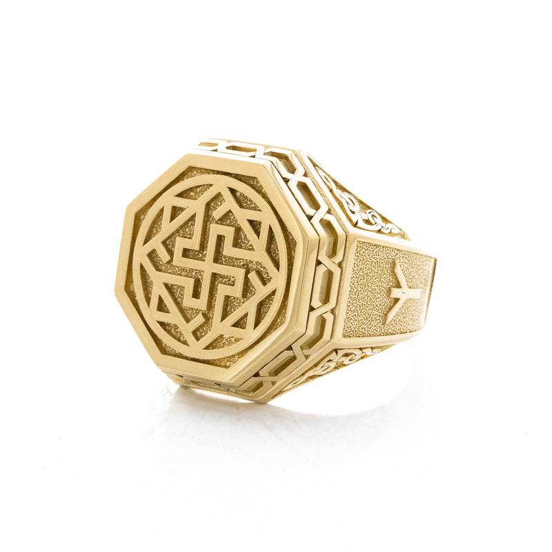 Solid 14k Yellow Gold Signet Ring with Slavic Sun Cross