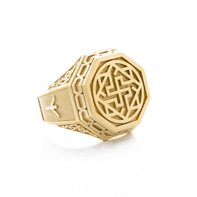 Solid 14k Yellow Gold Signet Ring with Slavic Sun Cross