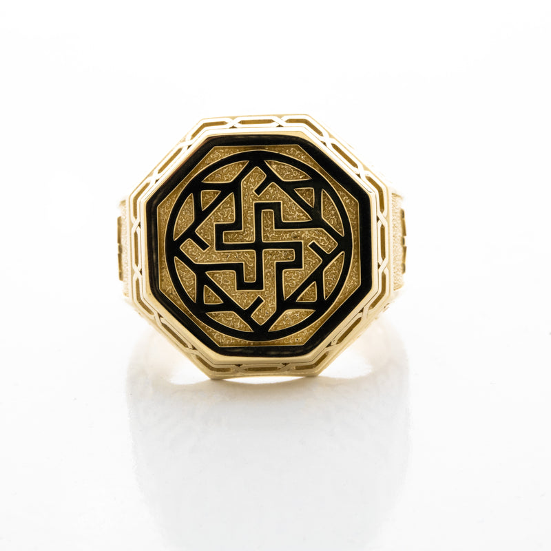 Solid 14k Yellow Gold Signet Ring with Slavic Sun Cross