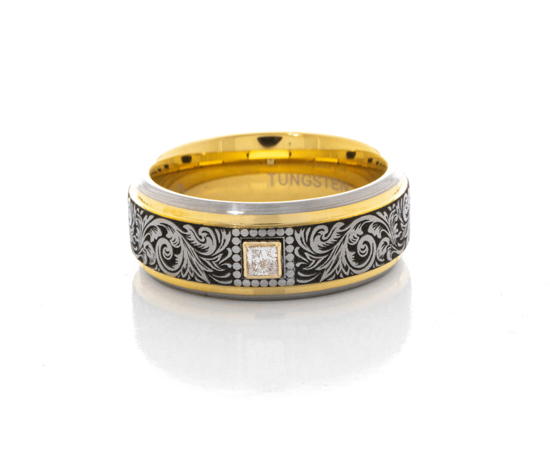 8mm Tungsten Carbide Ring with Yellow Gold Plated Interior, Square Diamond and Victorian Style Floral Engravings