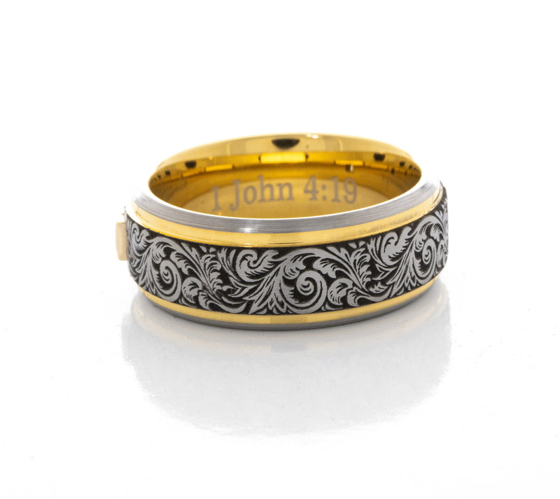 8mm Tungsten Carbide Ring with Yellow Gold Plated Interior, Square Diamond and Victorian Style Floral Engravings