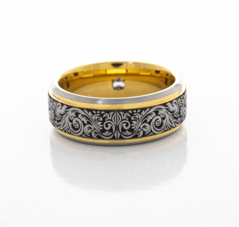 8mm Tungsten Carbide Ring with Yellow Gold Plated Interior, Square Diamond and Victorian Style Floral Engravings