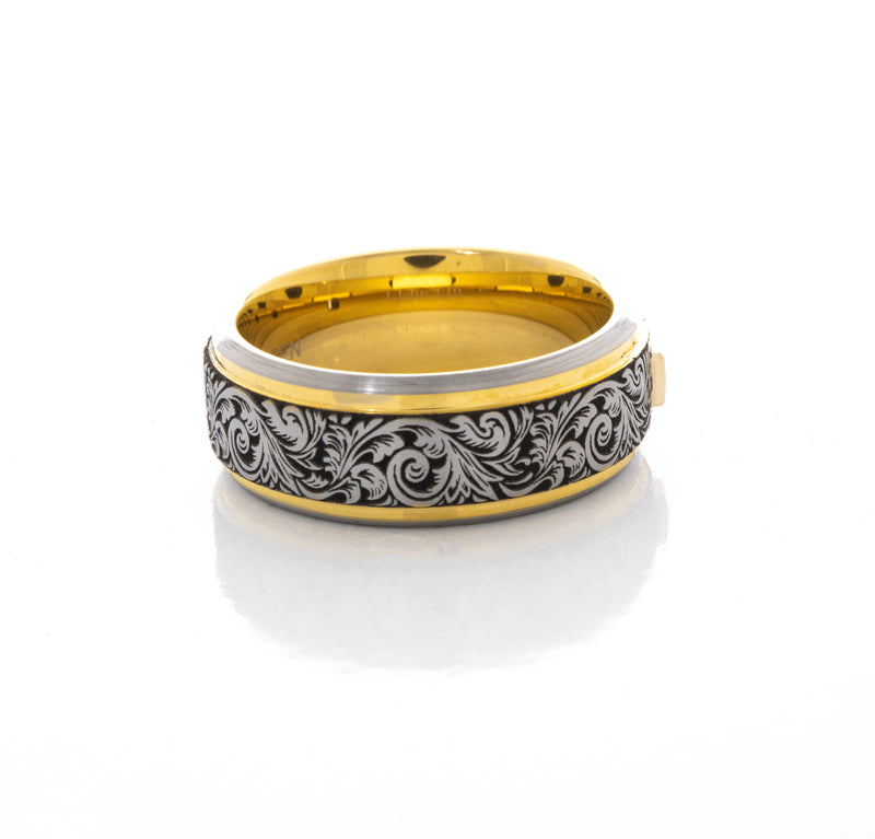 8mm Tungsten Carbide Ring with Yellow Gold Plated Interior, Square Diamond and Victorian Style Floral Engravings