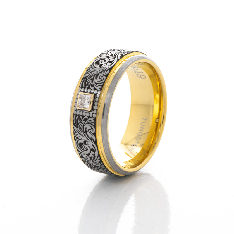 8mm Tungsten Carbide Ring with Yellow Gold Plated Interior, Square Diamond and Victorian Style Floral Engravings