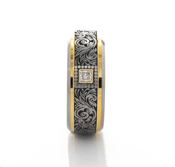 8mm Tungsten Carbide Ring with Yellow Gold Plated Interior, Square Diamond and Victorian Style Floral Engravings