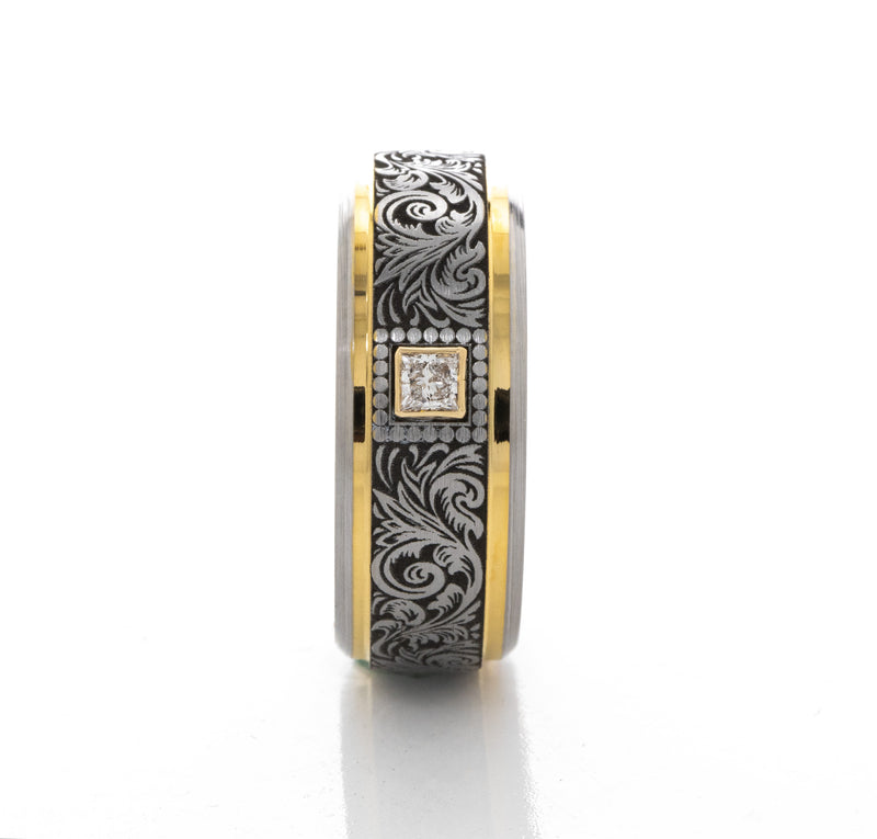 8mm Tungsten Carbide Ring with Yellow Gold Plated Interior, Square Diamond and Victorian Style Floral Engravings