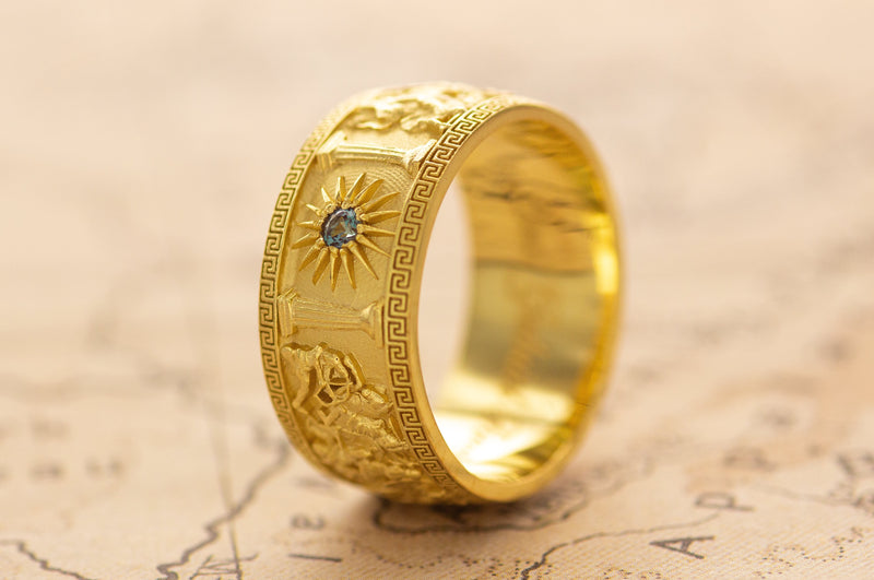 10mm Custom Made, Dome Shaped, 14k Solid Yellow Gold Ring with Alexander the Great Sarcophagus Relief with Red Ruby