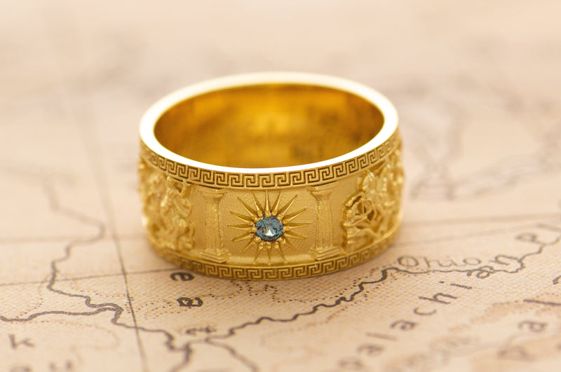 10mm Custom Made, Dome Shaped, 14k Solid Yellow Gold Ring with Alexander the Great Sarcophagus Relief with Red Ruby