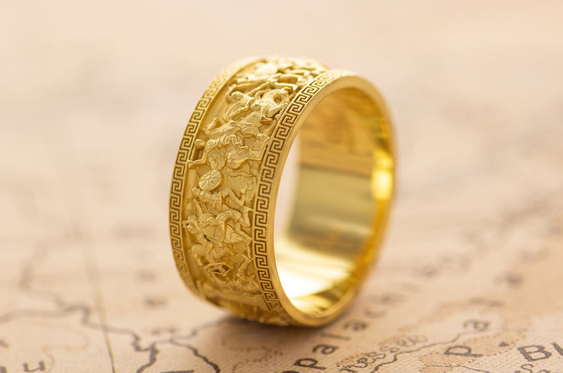 10mm Custom Made, Dome Shaped, 14k Solid Yellow Gold Ring with Alexander the Great Sarcophagus Relief with Red Ruby