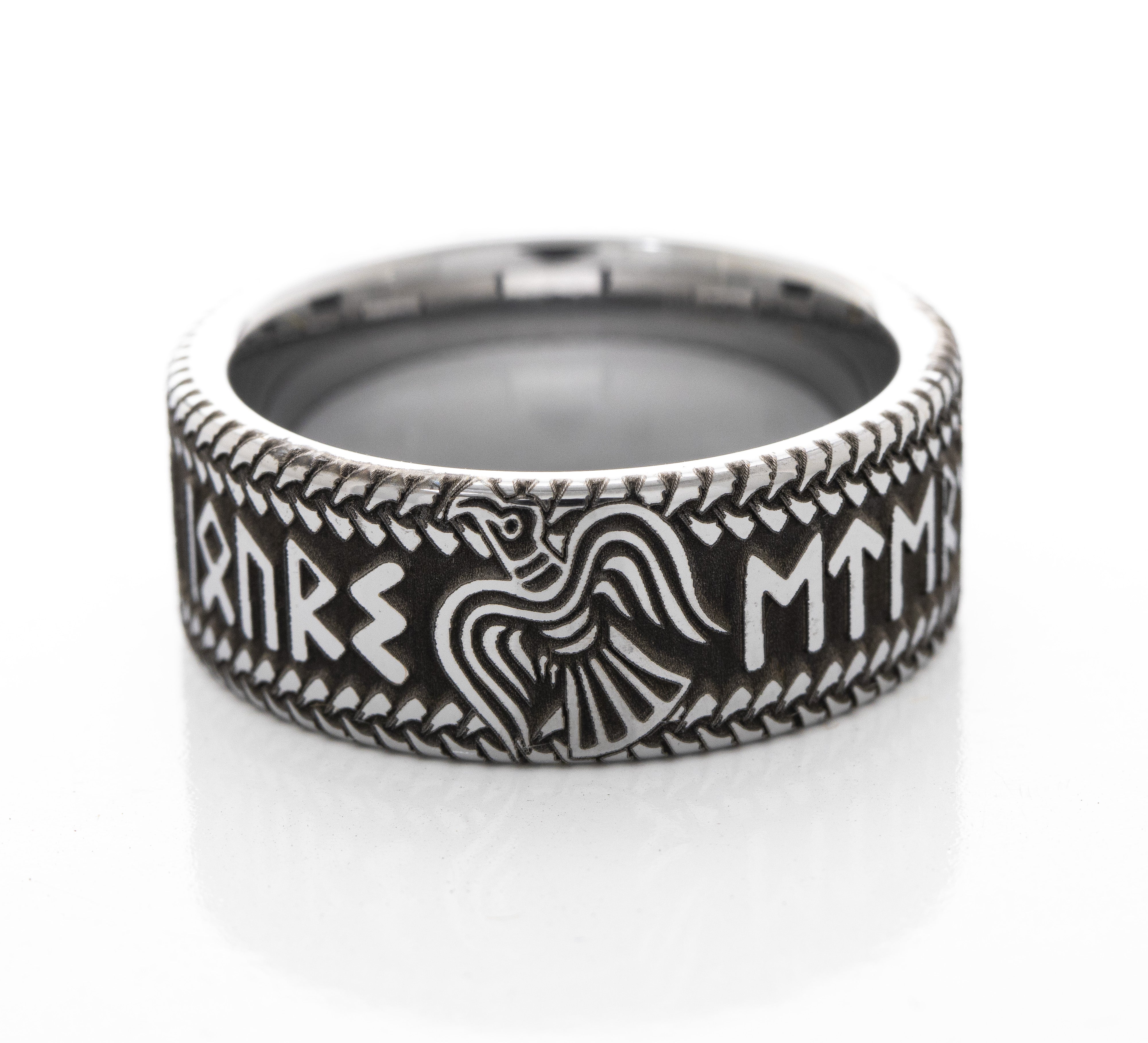 8mm Custom Made Tungsten Ring with Viking Nordic Runes and Norse Raven