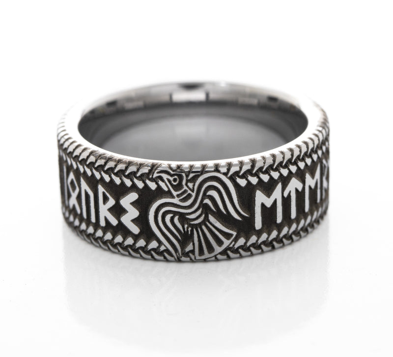 8mm Custom Made Tungsten Ring with Viking Nordic Runes and Norse Raven