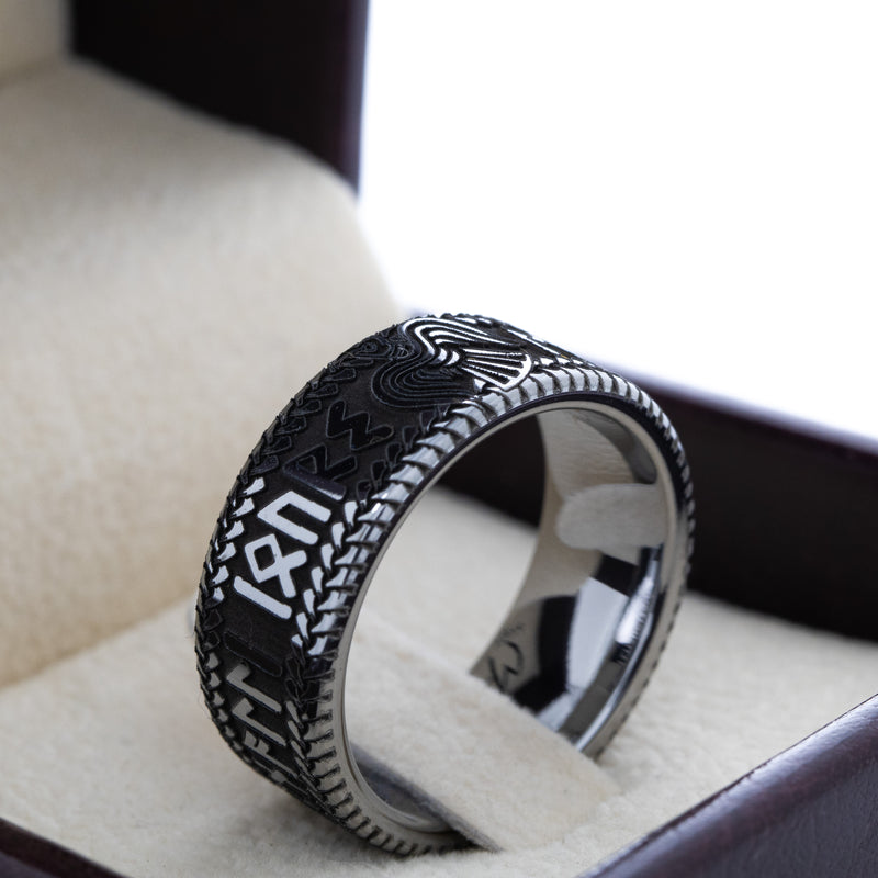 8mm Custom Made Tungsten Ring with Viking Nordic Runes and Norse Raven