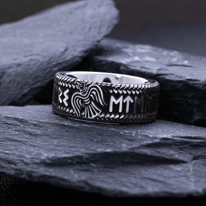 8mm Custom Made Tungsten Ring with Viking Nordic Runes and Norse Raven