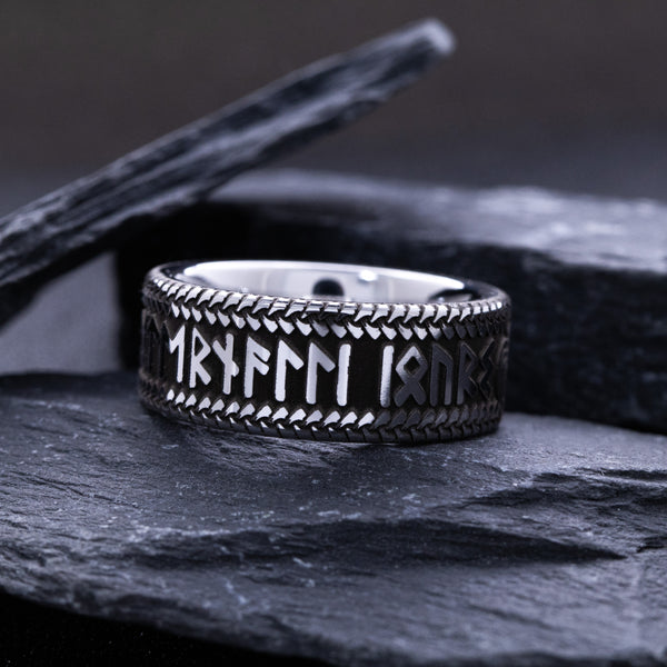 8mm Custom Made Tungsten Ring with Viking Nordic Runes and Norse Raven