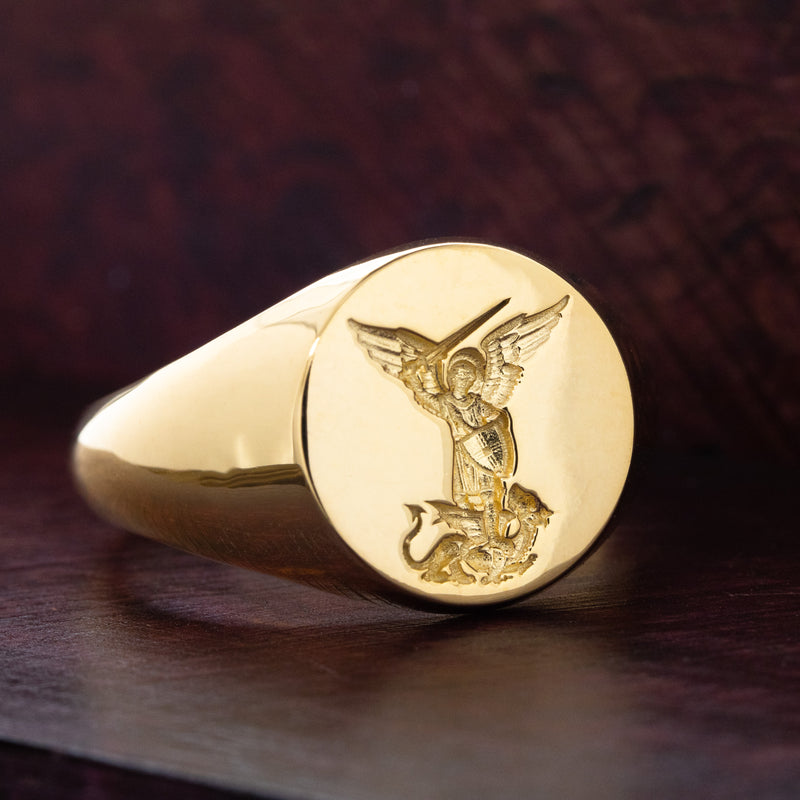 Saint Michael Slaying Dragon Wax Seal Signet Ring, 14k Solid Yellow Gold Ring