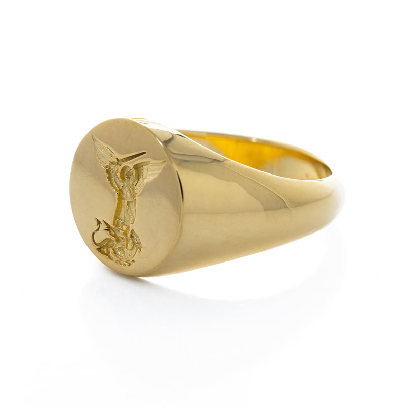 Saint Michael Slaying Dragon Wax Seal Signet Ring, 14k Solid Yellow Gold Ring