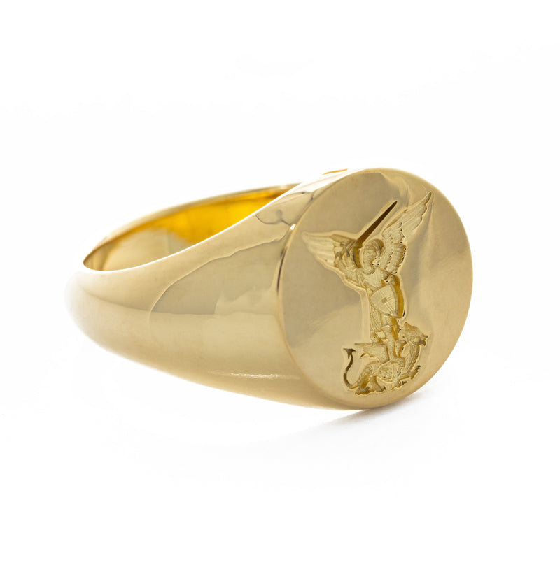 Saint Michael Slaying Dragon Wax Seal Signet Ring, 14k Solid Yellow Gold Ring