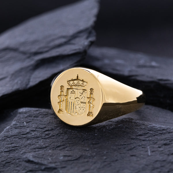 Spanish Royal Coat of Arms Wax Seal Signet Ring, 14k Solid Yellow Gold Ring