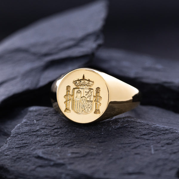 Spanish Royal Coat of Arms Wax Seal Signet Ring, 14k Solid Yellow Gold Ring