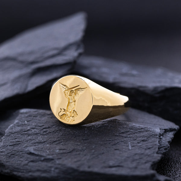 Saint Michael Slaying Dragon Wax Seal Signet Ring, 14k Solid Yellow Gold Ring