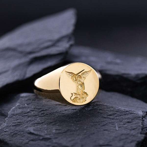 Saint Michael Slaying Dragon Wax Seal Signet Ring, 14k Solid Yellow Gold Ring