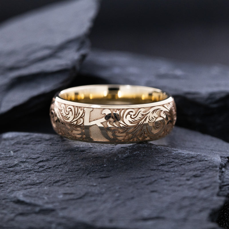 8mm Custom Made, Dome Shaped Solid Gold Ring with Victorian Floral Engravings, Personalized Initial