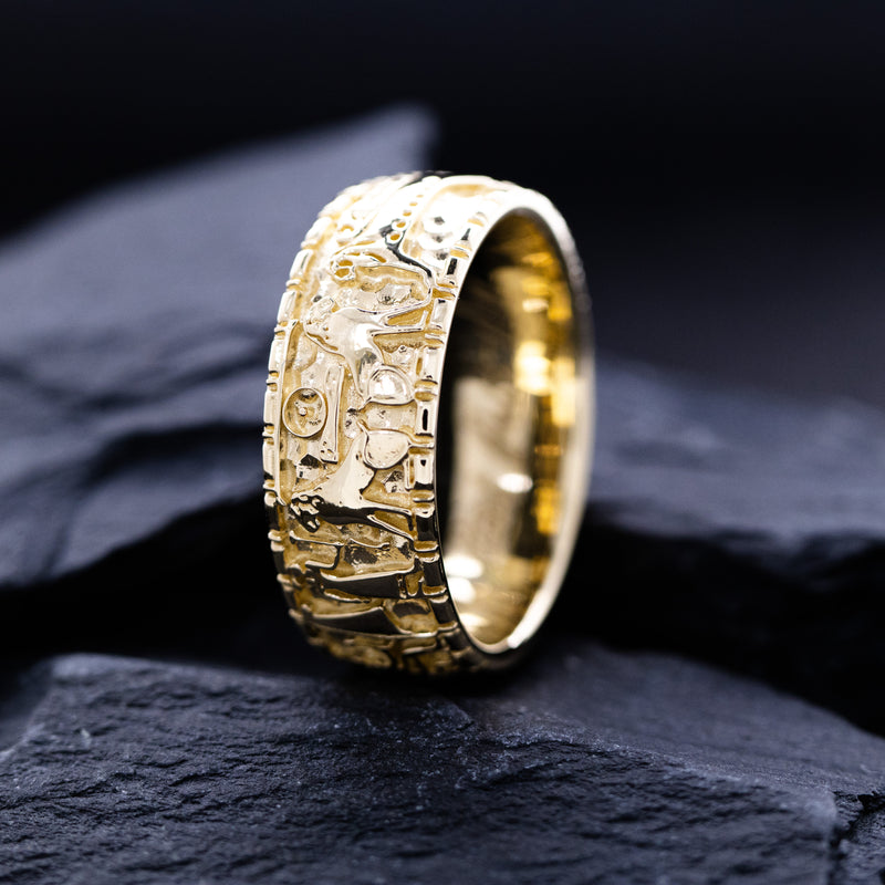 8mm Custom Made Solid Yellow Gold Ring with Egyptian Symbols and Hieroglyphs