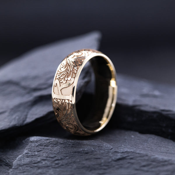 8mm Custom Made, Dome Shaped Solid Gold Ring with Victorian Floral Engravings, Personalized Initial