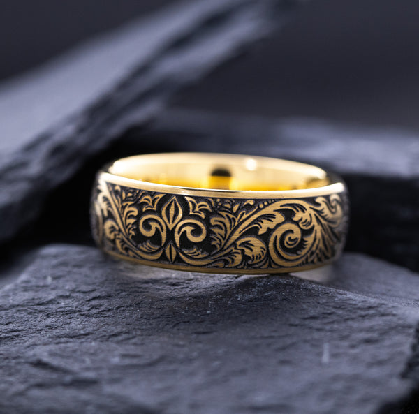 8mm Custom Deep Engraved Gold Plated Tungsten Ring with Victorian Style Floral Engravings and Fleur de Lis