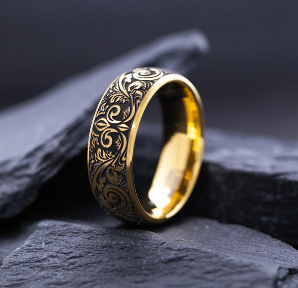 8mm Custom Deep Engraved Gold Plated Tungsten Ring with Victorian Style Floral Engravings and Fleur de Lis