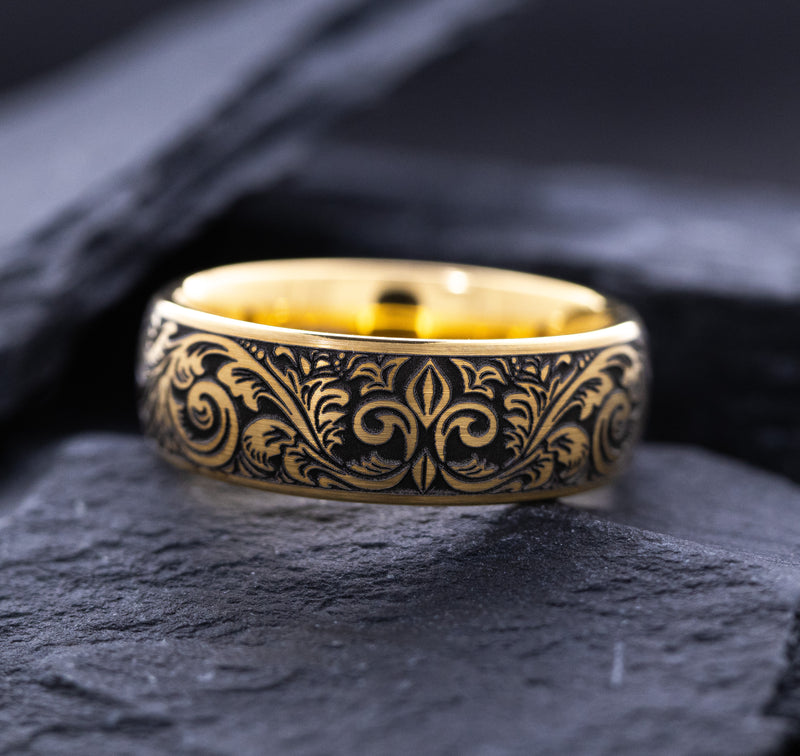 8mm Custom Deep Engraved Gold Plated Tungsten Ring with Victorian Style Floral Engravings and Fleur de Lis