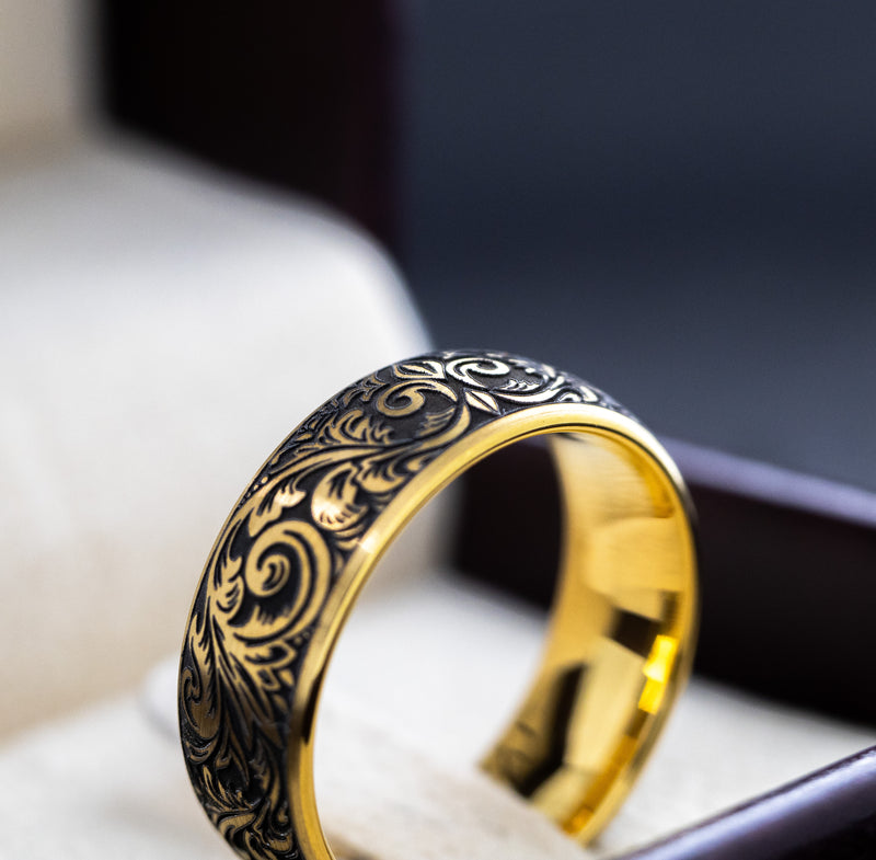 8mm Custom Deep Engraved Gold Plated Tungsten Ring with Victorian Style Floral Engravings and Fleur de Lis