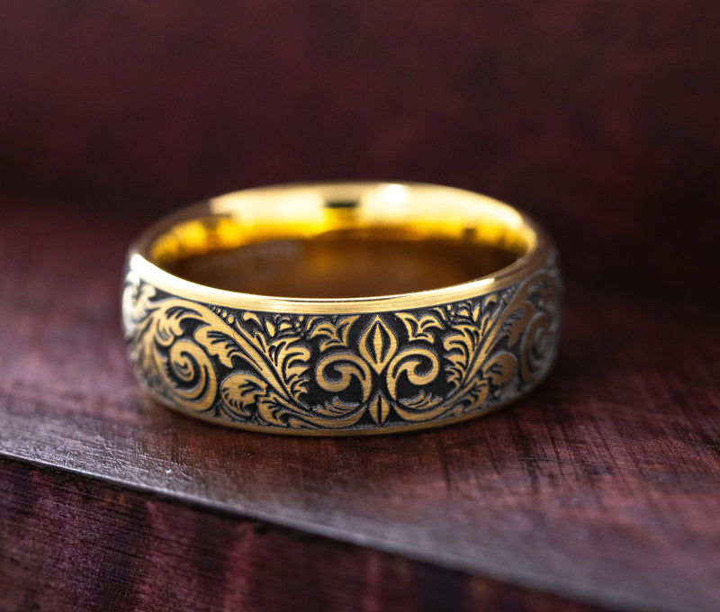 8mm Custom Deep Engraved Gold Plated Tungsten Ring with Victorian Style Floral Engravings and Fleur de Lis