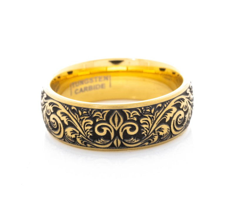 8mm Custom Deep Engraved Gold Plated Tungsten Ring with Victorian Style Floral Engravings and Fleur de Lis