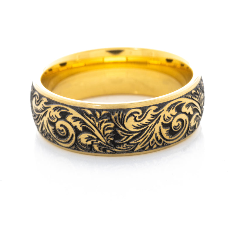 8mm Custom Deep Engraved Gold Plated Tungsten Ring with Victorian Style Floral Engravings and Fleur de Lis