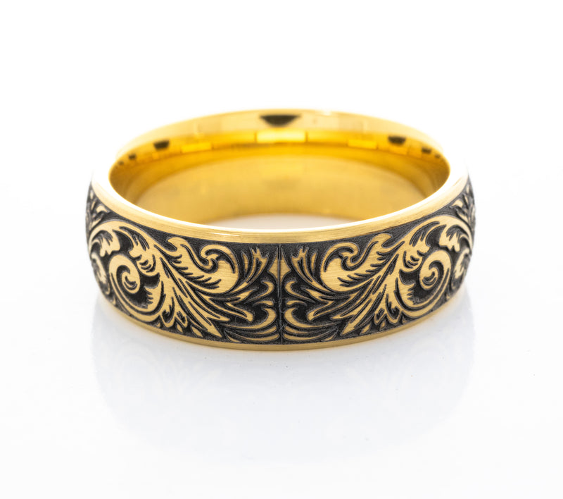 8mm Custom Deep Engraved Gold Plated Tungsten Ring with Victorian Style Floral Engravings and Fleur de Lis