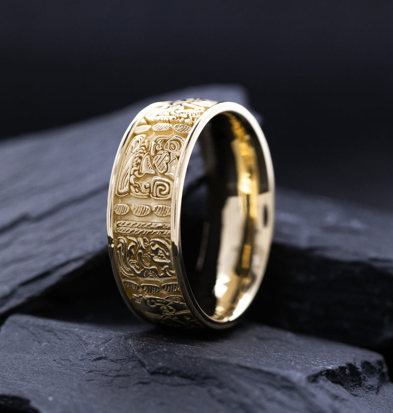 8mm Custom Made, Solid Yellow Gold Ring with Mayan Inspired Symbols