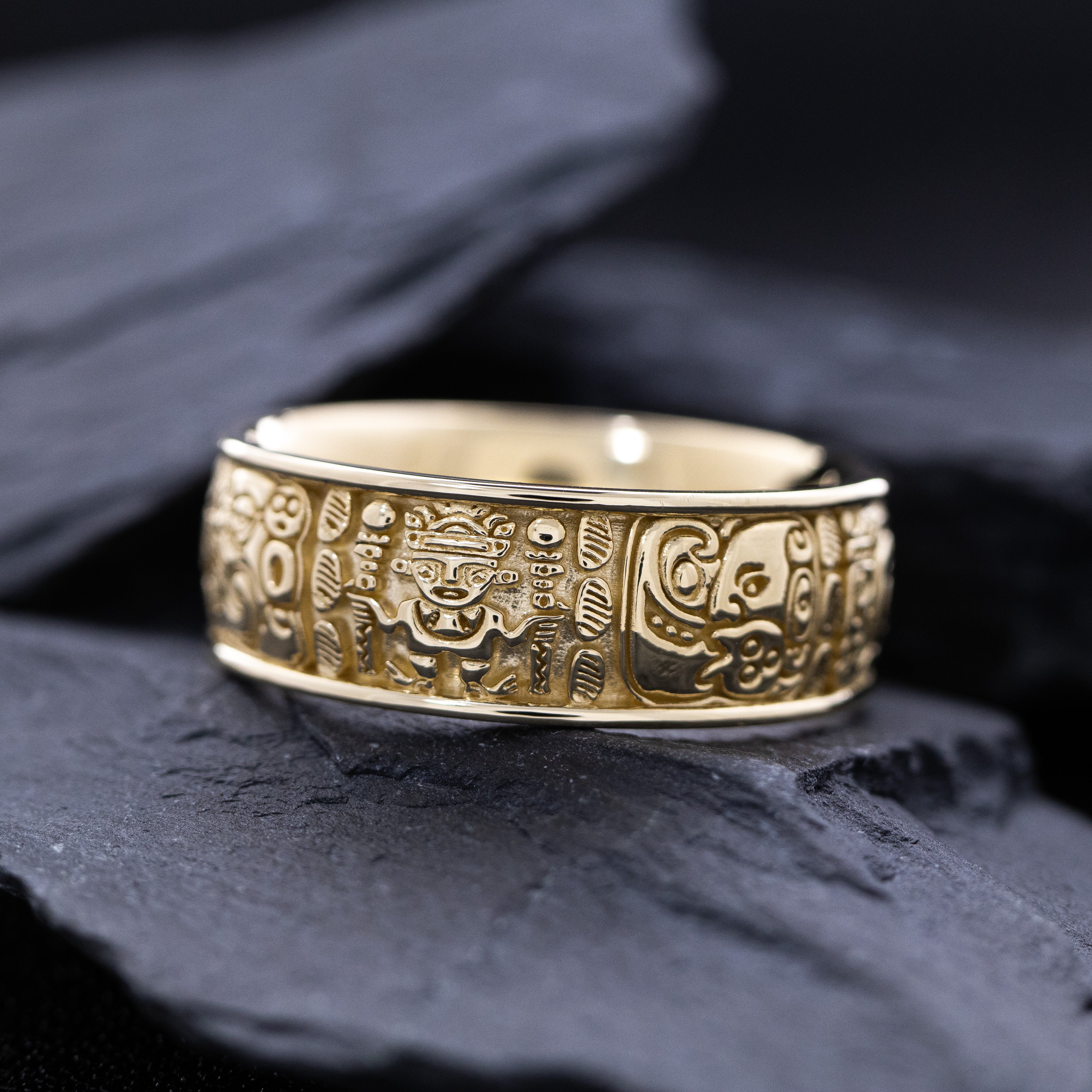 9mm Custom Made, Solid Yellow Gold Ring with Mayan Inspired Symbols