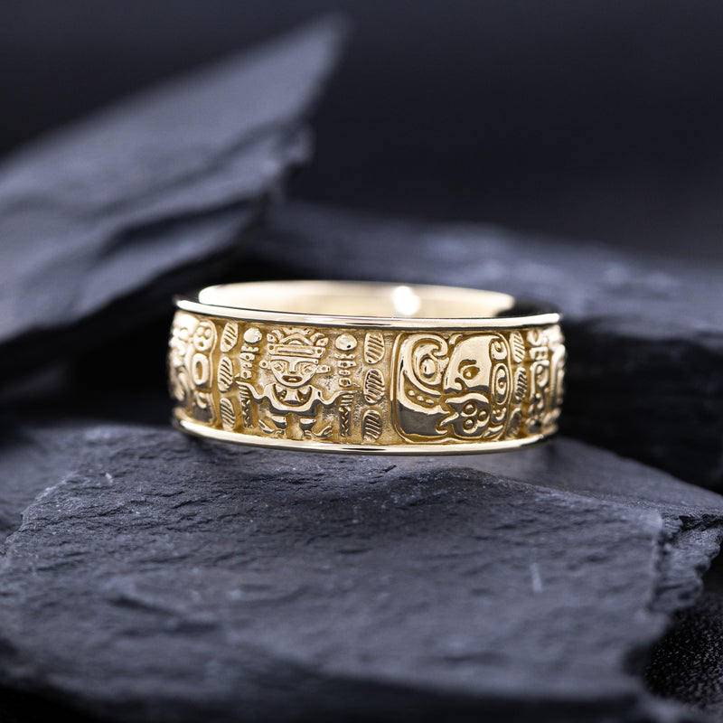 8mm Custom Made, Solid Yellow Gold Ring with Mayan Inspired Symbols